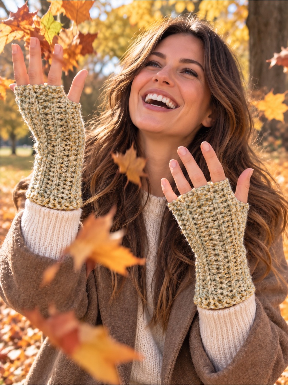 Handmade Crochet Fingerless Gloves | Cream & Gold Hand Warmers